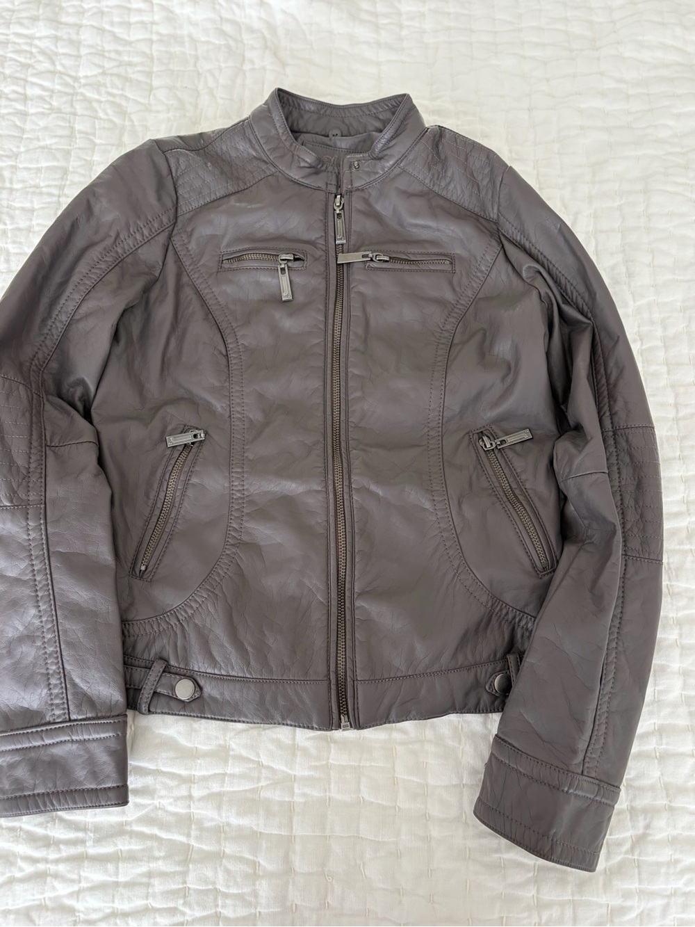 Women's Gray Faux Leather Zip-Up Jacket